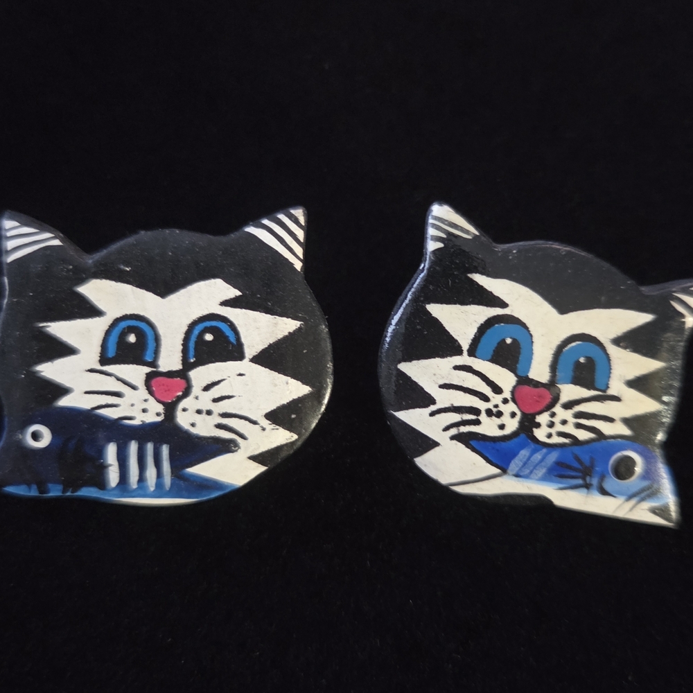 2 Pair! Vtg Whimsical Black Cat Earrings - Picture 2 of 11